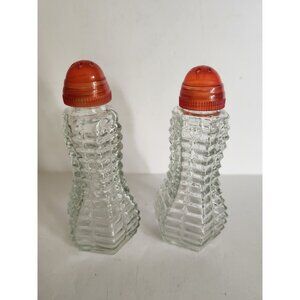 Red Topped Vintage Clear Glass Tower Salt & Pepper Shakers